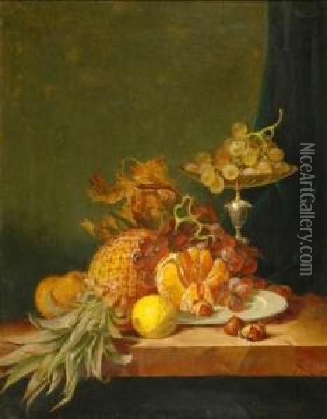 Still Life With Pineapple, Grapes, Pear, Lemon And Chestnuts Oil Painting - R.W. Warwick