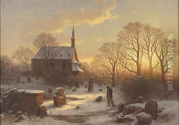 Winter Sunset Scene With Churchgraveyard And Gravedigger Oil Painting - Paul Gottlieb Weber