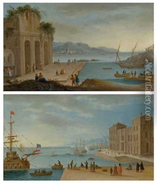 Deux Ports Italianisants Au Lever Et Au Coucher Du Soleil (pair) Oil Painting - Orazio Grevenbroeck