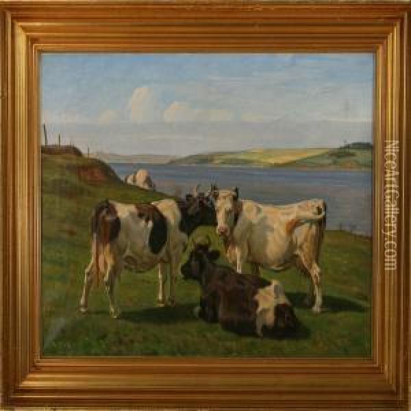 Grazing Cows At Afiord Oil Painting - Rasmus Christiansen