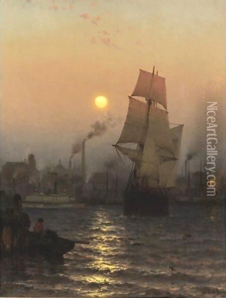 Shipping In Harbor By Moonlight Oil Painting - Mauritz F. H. de Haas