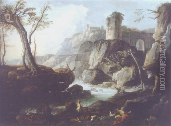 A Rocky River Landscape With Figures Around A Fire Oil Painting - Louis-Philippe Crepin