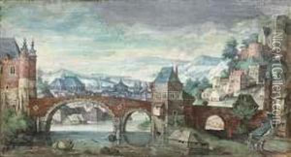 View Of A Town In A Mountainous Landscape, With A Bridge In Theforeground Oil Painting - Tobias van Haecht (see Verhaecht)