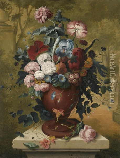 Roses, Irises And Other Flowers In An Urn Oil Painting - Thomas Keyse