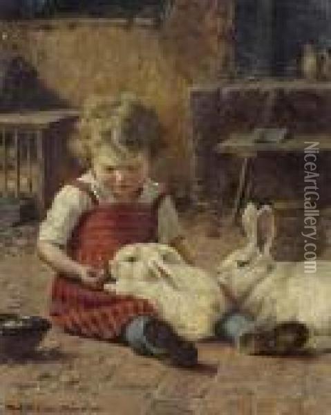 Girl With Two Hares. Oil Painting - Theodor Kleehaas