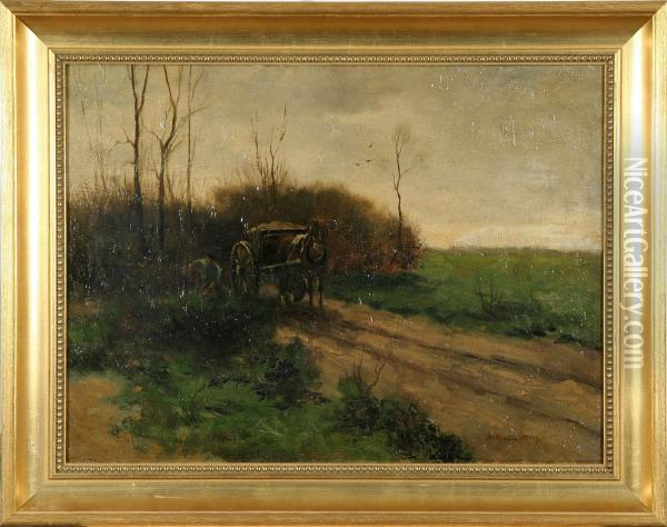 Landskap Med Hastekipage, Signerad Oil Painting - Adolphe Pieter Errens Van Weezel