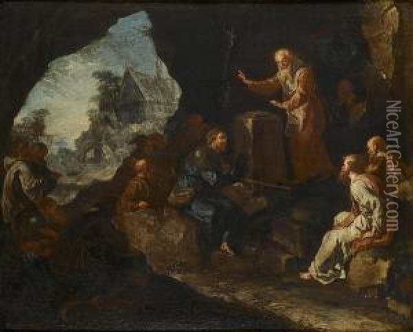 A Monk Preaching To A Pilgrim At The Mouth Of A Cave; And The Death Of A Domenican Nun Oil Painting - Giovanni Battista Rossi