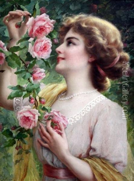 Lady Picking Pink Roses Oil Painting - Emile Vernon
