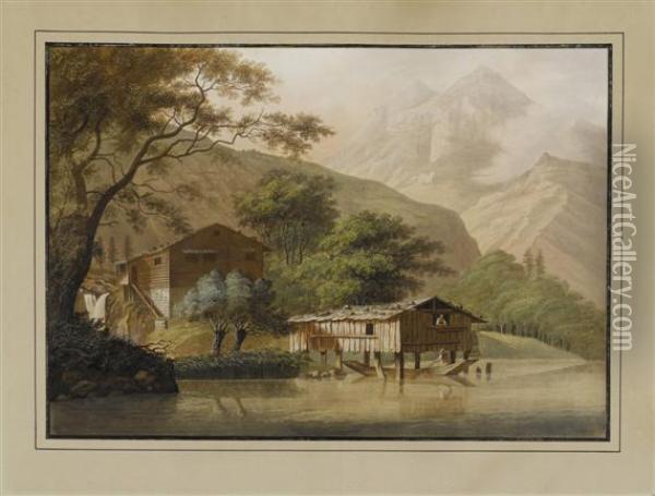 Fishing Huts At Lake Brienz Oil Painting - Ludwig Bleuler