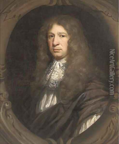 Portrait of Sir John Streynsham Master (1640-1723), bust-length, in brown robes, sculpted cartouche Oil Painting - John Riley