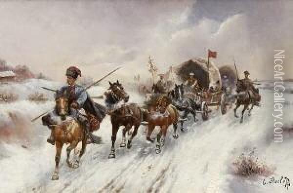 Russischer Pferdezug In
 Winterlandschaft. Oil Painting - Adolf Baumgartner