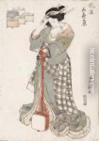 Geisha Mit Shamisen. Oil Painting - Kunisada