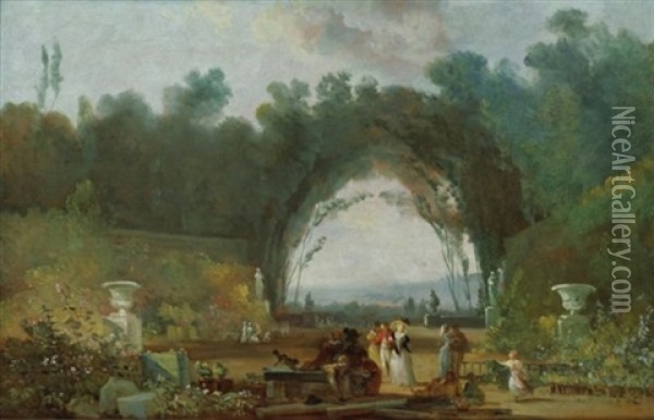 Vue D'une Terrasse, A Saint-cloud(?) Oil Painting - Louis Gabriel Moreau the Elder