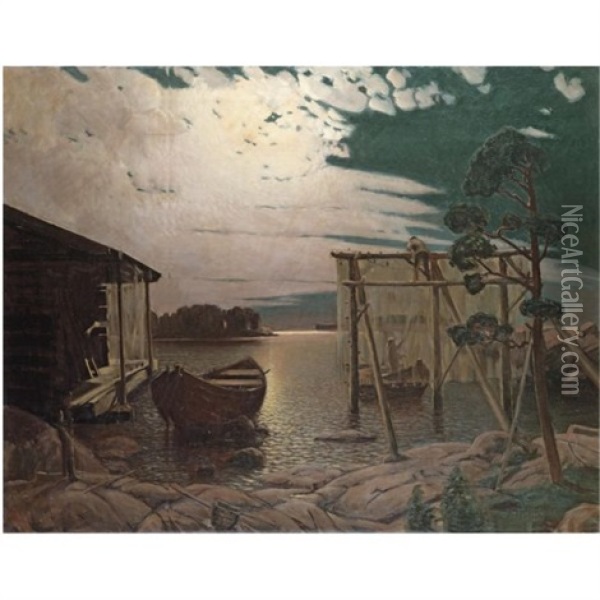 Kalaverkkojen Puhdistus Auringonlaskussa Oil Painting - Aukusti Uotila