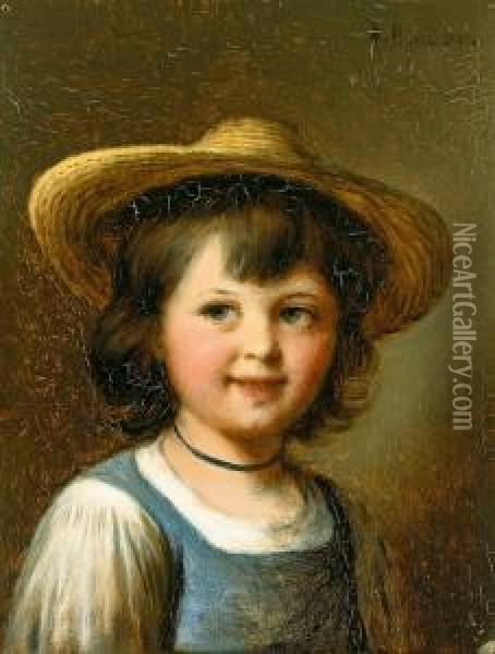 Portrait Eines Lachelnden Kleinen Madchens Mit Strohhut Oil Painting - Alois Binder