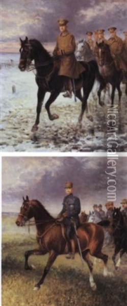 The Four Generals Of World War I: General John J. Pershing; Marshall Joffre; Field Marshall Sir Douglas Haig And Marshall Foch, Each With Their Staff Of Generals Oil Painting - Jan van Chelminski