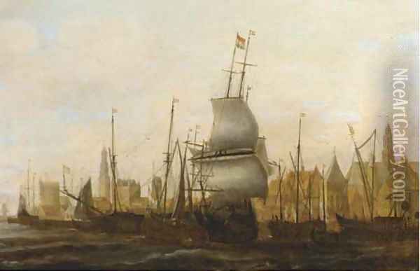 Three Masters and other vessels moored at a quay Oil Painting - Jacob Adriaensz. Bellevois