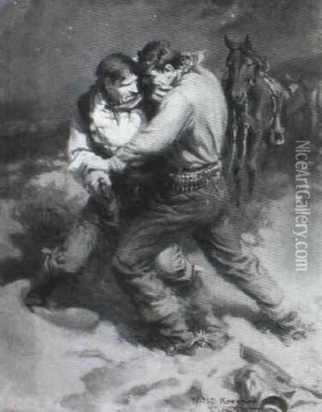 Story Illustration: Two Cowboys Wrestling Over Gun Oil Painting - William Henry Dethlef Koerner