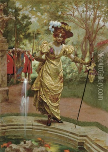 An Elegant Lady By A Goldfish Pond Oil Painting - Karl Gampenrieder