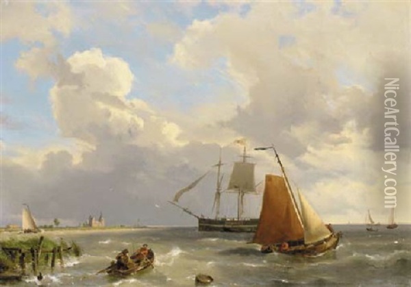 Shipping In A Choppy Estuary Oil Painting - Hermanus Koekkoek the Elder