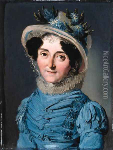 Portrait of a lady, small bust-length, in a blue dress and a hat decorated with flowers Oil Painting - Louis Leopold Boilly
