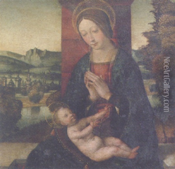 The Madonna And Child Before A Mountainous Landscape With A Town Oil Painting - Domenico Panetti