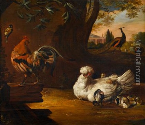 A Cockerel, Hen, Chicks, Peacock And Other Birds In An Ornamental Landscape Oil Painting - Pieter Casteels III