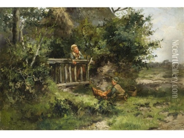 Bauernkinder An Einem Gatter Oil Painting - Mari ten Kate