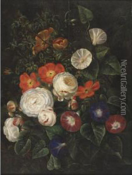 Still Life Of Roses And Bind Weeds Oil Painting - William Hammer