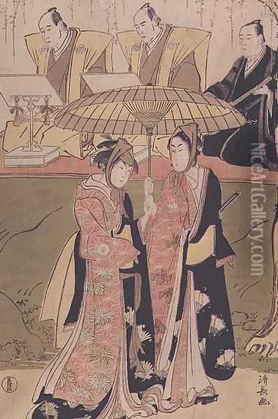 Kabuki scene with part of the chorus two young lovers leave the stage by the flower route Oil Painting - Torii Kiyonaga