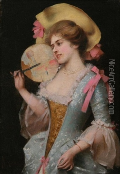 Coquette With Japanese Fan Oil Painting - Adriano Cecchi