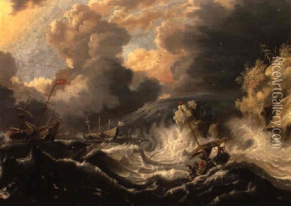 Schiffe Im Seesturm Vor Einer Felsenkuste Oil Painting - Cornelis Mahu