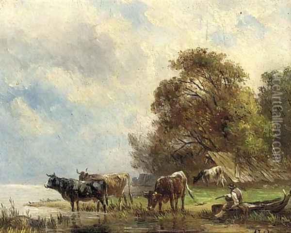 Cattle watering at a riverbank, a drover looking on; and Another similar Oil Painting - Albert Jurardus Van Prooyen
