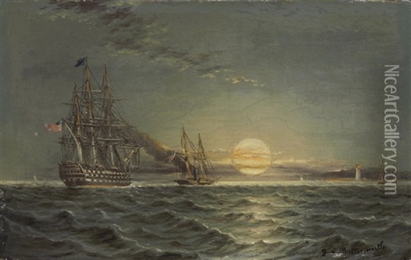 Towing The Man-o'war, Most Probably The U.s.s. Vermont, Towards The Sandy Hook Lighthouse At Sunset Inbound For New York Oil Painting - James Edward Buttersworth