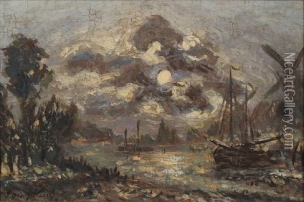 Clair De Lune Sur Le Canal A Dordrecht Oil Painting - Johan Barthold Jongkind