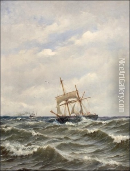Laivoja Myrskyisella Merella Oil Painting - Oskar Conrad Kleineh