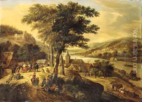 Travellers resting by a tree with peasants dancing to the music of a violinist, cowherds nearby, in a Rhenish landscape Oil Painting - Gerrit Van Battem