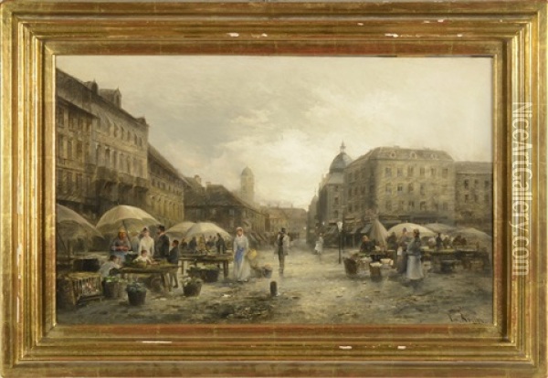 Market On Boulevard Montmartre In Paris Oil Painting - Emil Barbarini