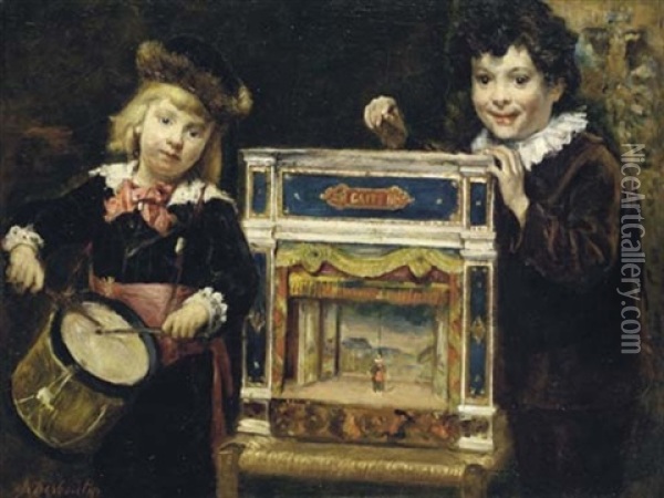 Les Deux Fils De L'artiste Jouant Avec Leur Theatre A Marionnettes Oil Painting - Marcellin Gilbert Desboutin