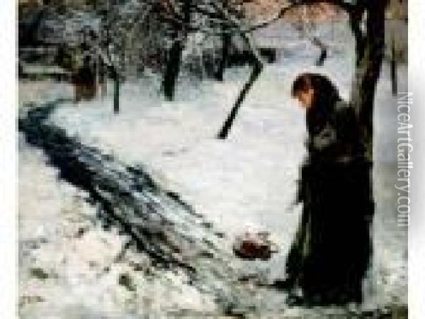 Two Figures On A Snowy Path In The Evening Oil Painting - Fritz von Uhde
