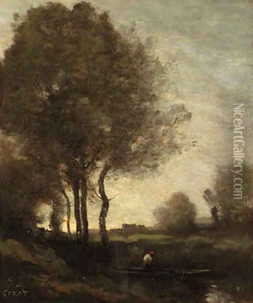 Pcheur en barque (Fisherman in a Boat) Oil Painting - Jean-Baptiste-Camille Corot