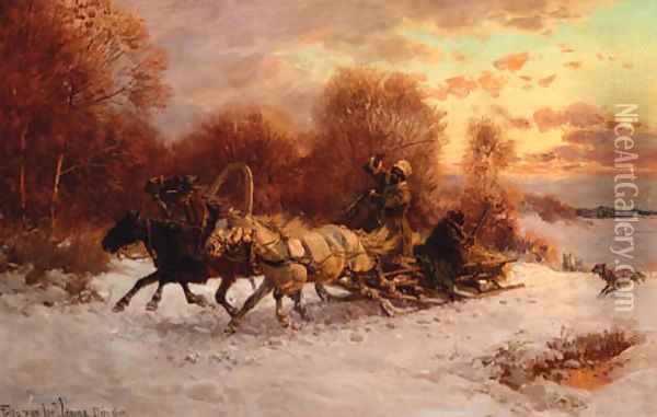 Hunters in a winter landscape being pursued by wolves Oil Painting - Fritz van der Venne