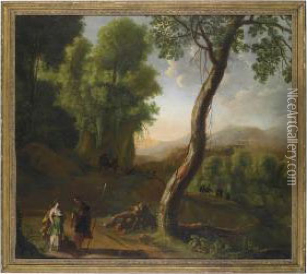 A Wooded Landscape With Meleager
 Presenting The Head Of The Calydonian Boar To Atalanta, The Rest Of The
 Hunting Party Retreating Beyond Oil Painting - Herman Van Swanevelt