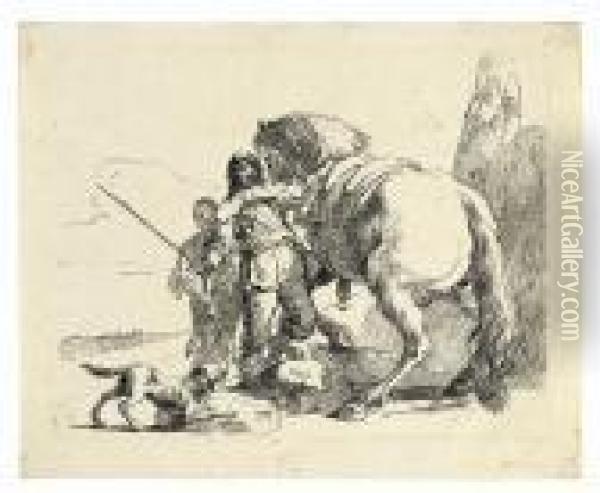 Il Cavaliere Vicino Al Suo Cavallo. Oil Painting - Giovanni Battista Tiepolo