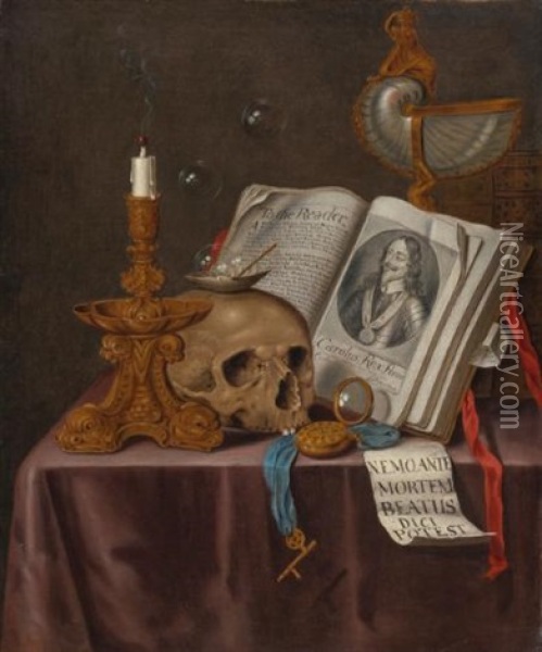 A Vanitas Still Life With A Candlestick, A Skull, A Shell, Bubbles, A Watch, A Portrait Of Charles I, And Other Objects On A Draped Table Oil Painting - Edward Collier