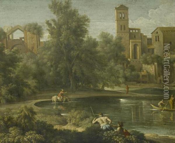 Figures By A Lake In An Italianate Landscape, With A Horseman And A Boat In The Distance And A Village On The Horizon Oil Painting - Gaspard Dughet Poussin