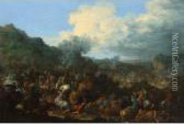 A Cavalry Skirmish With A Battle Beyond Oil Painting - Karel Van Breydel (Le Chevalier)