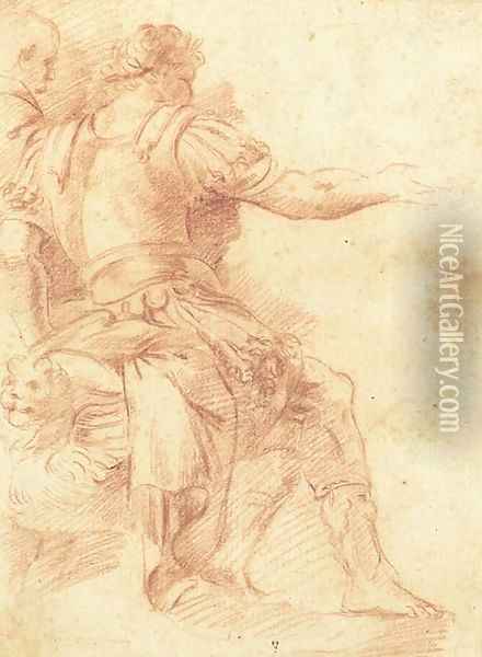 Two seated men gesturing to the left (recto); A study of a horse (verso) Oil Painting - Polidoro Da Caravaggio (Caldara)