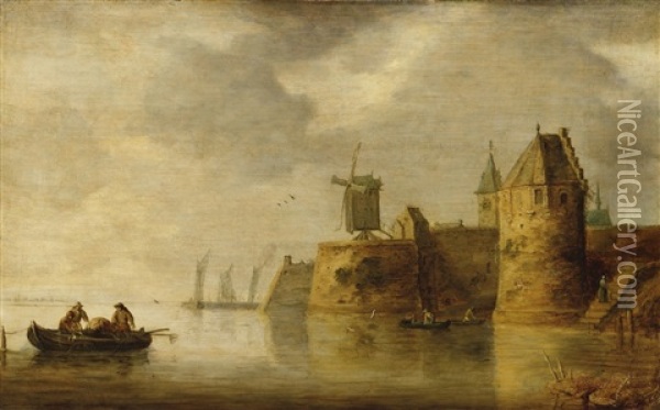 Flussmundung Mit Windmuhle Und Fischerbooten Oil Painting - Frans de Hulst