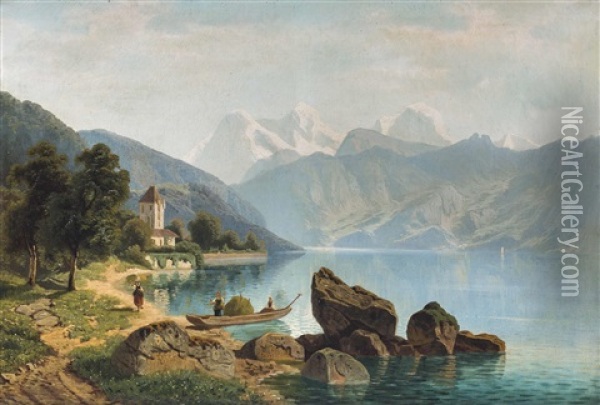 Blick Auf Schloss Oberhofen Am Thuner See/schweiz Oil Painting - Theodor (Wilhelm T.) Nocken